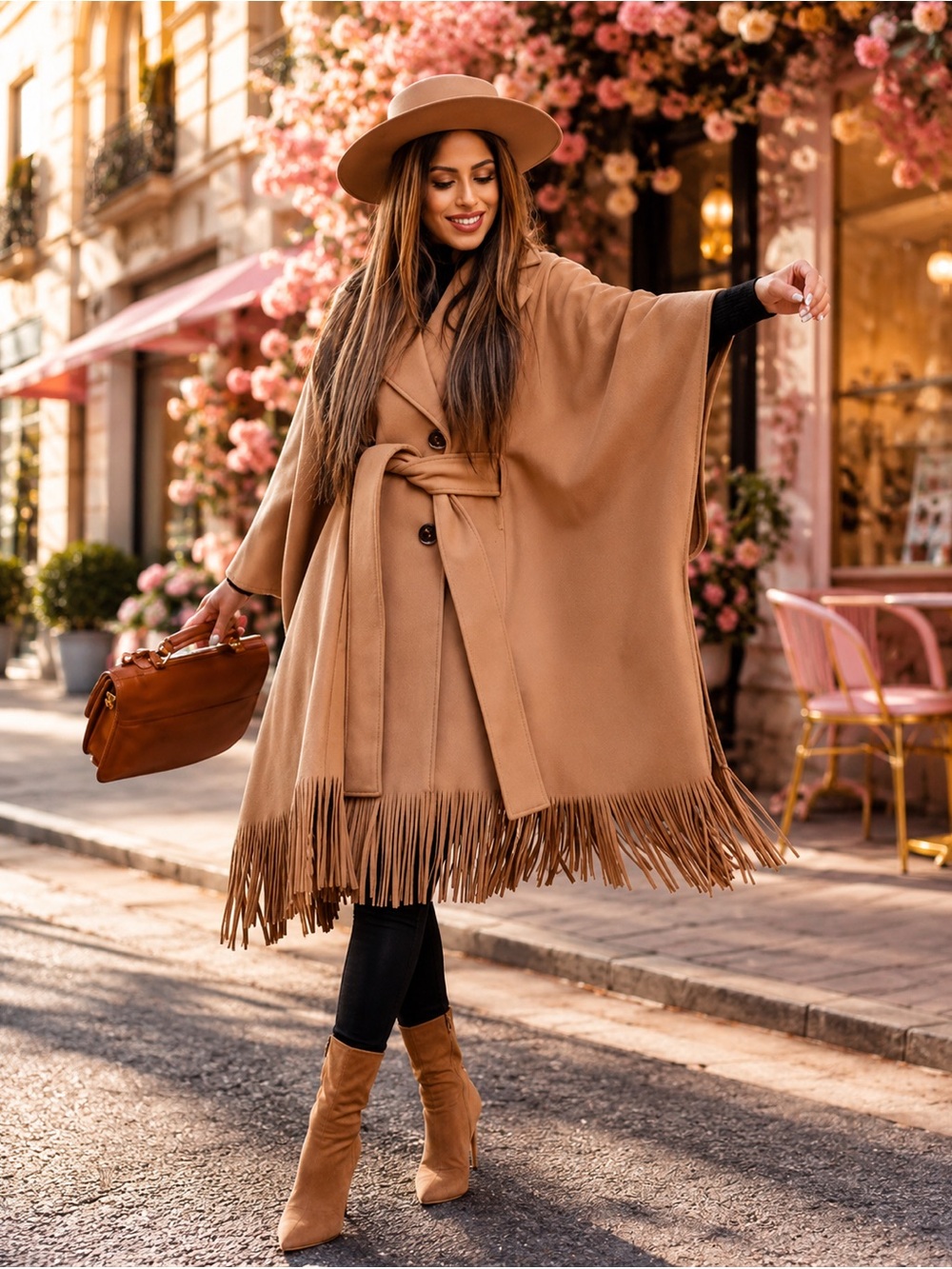 Express Tan Fringe Cape Coat